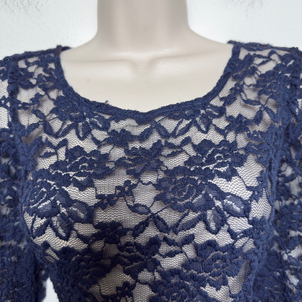 Alythea Women Whimsigoth Lace Top Large Navy Blue Sheer Western Floral Indie